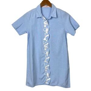 Honey Marble | White Embroidered Panda Bear Blue Button Down Tunic Shirt